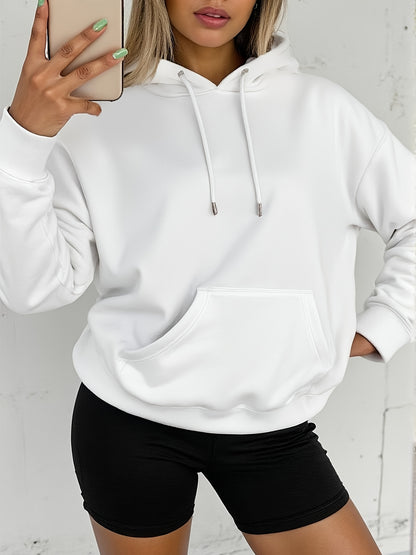 Comfortable White Hoodie for Women with Drawstring Hood Long Sleeve Kangaroo Pocket Oversized Style