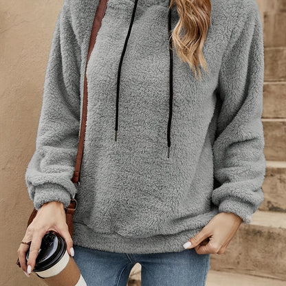 Solid Color Teddy Hoodie, Casual Long Sleeve Drawstring Hooded Sweatshirt, Women'S Clothing