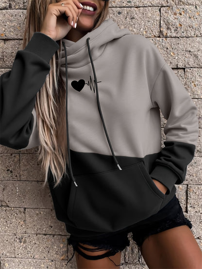 Women's Color-Block Hooded Sweatshirt with Heart & Letter Print - 100% Polyester Casual Pullover, Relaxed Fit, Machine Washable, Fall Winter Fashion