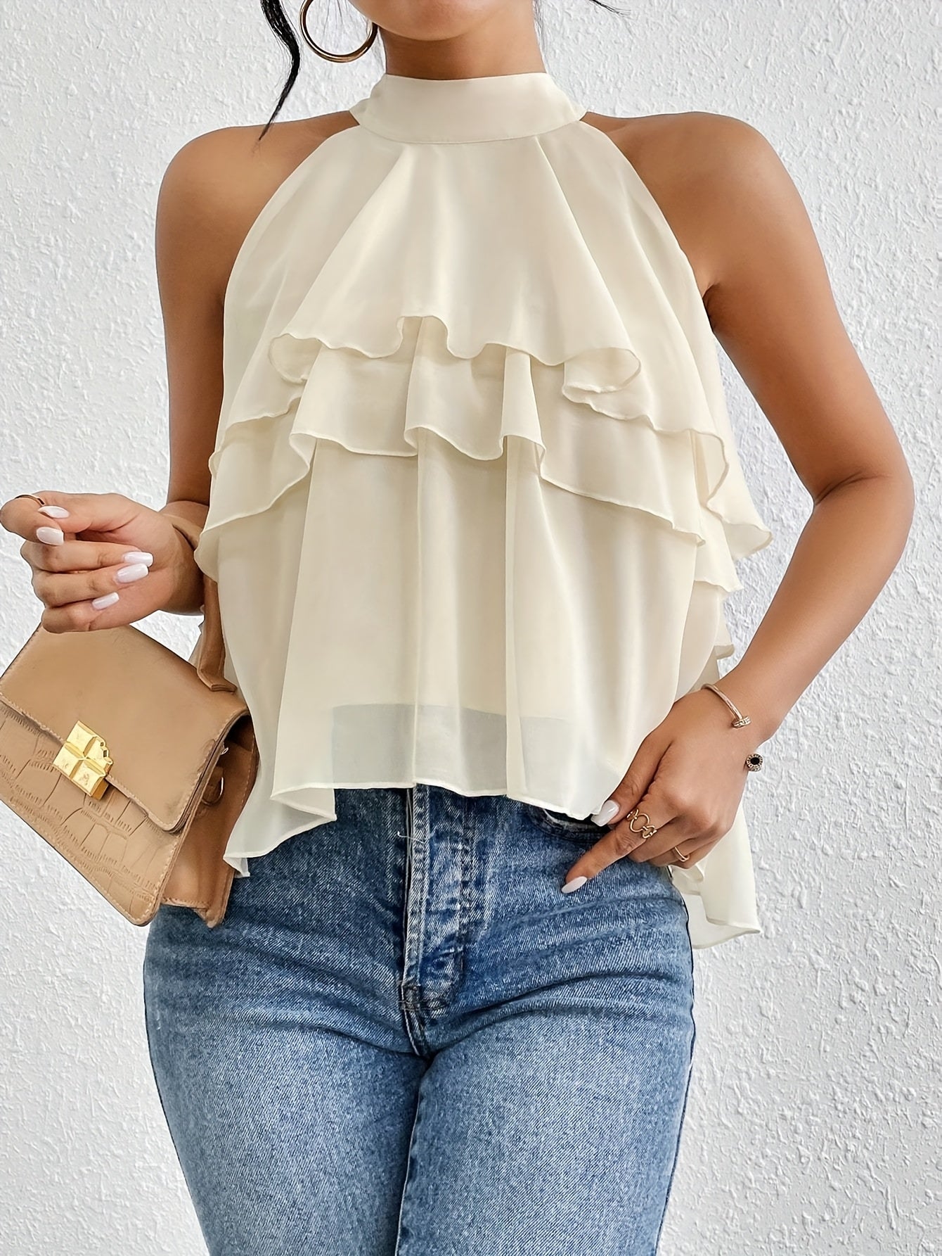 Halter Neck Ruffled Cake-Style Chiffon Blouse