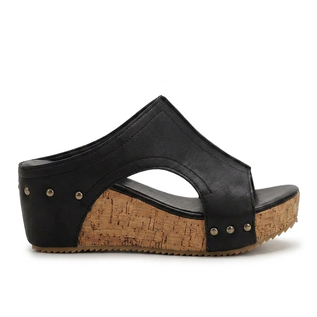 Comfortable Wedge Sandals for Women with Studded T Strap Cork Platform Peep Toe Slide Style