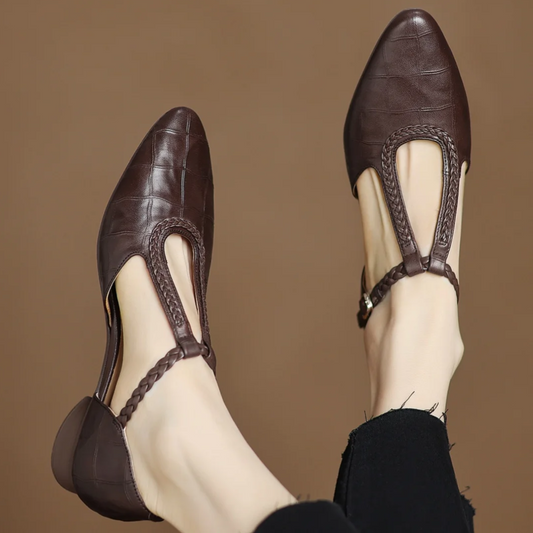 Elegant Croc Embossed T-Strap Flats for Women with Pointed Toe Braided Strap Block Heel Style