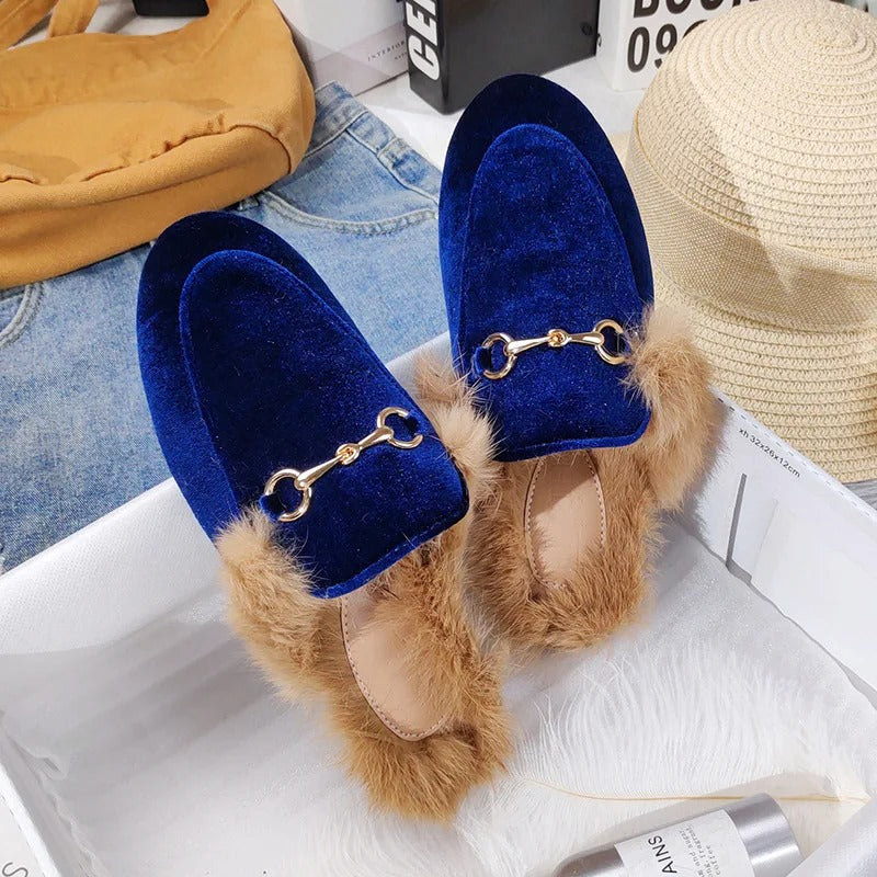 Comfortable Mules for Women with Faux Fur Lining Buckle Detail Slip On Style