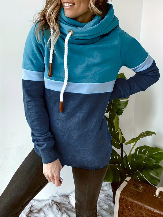 Comfortable Colorblock Hoodie for Women with Cowl Neck Long Sleeve Drawstring Relaxed Oversized Knit Style