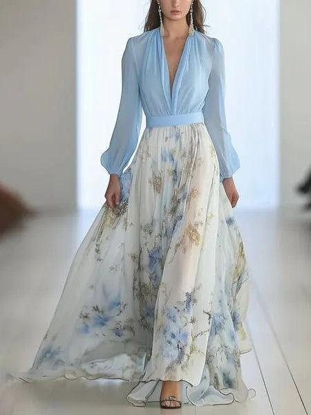 Elegant Blue Floral Maxi Dress for Women with V Neck Long Sleeve Flowing Bohemian Wedding Guest Style