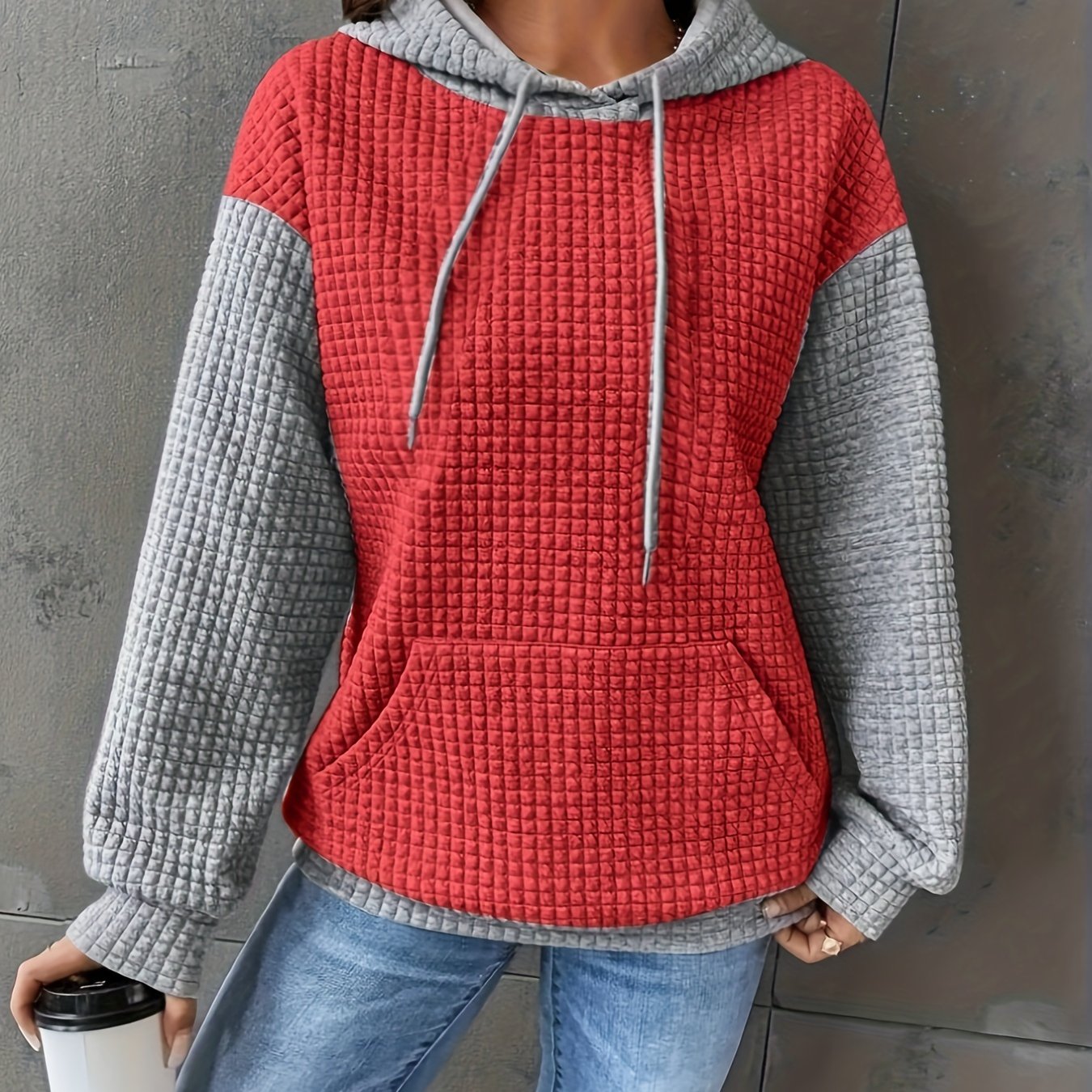 Women's Casual Waffle- Color-Block Hooded Sweatshirt - Relaxed Fit Long Sleeve Pullover with Drawstring Hood, Machine Washable Autumn Winter Fashion Top, Cute Sweatshirts, Autumn Apparel, Soft Fabric, Everyday Outfit, Waffle Design, Breathable Material, C