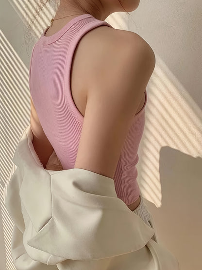 Women's Elegant Casual Ribbed Tank Top - Sleeveless Boat Neck Summer Top with Moderate Stretch, Solid Color Versatile Wear for Casual or Formal Outfits, Ladies Tank Tops, Warm Weather Outfit, Ribbed Texture, Stretchy Fabric, Stylish Ladies