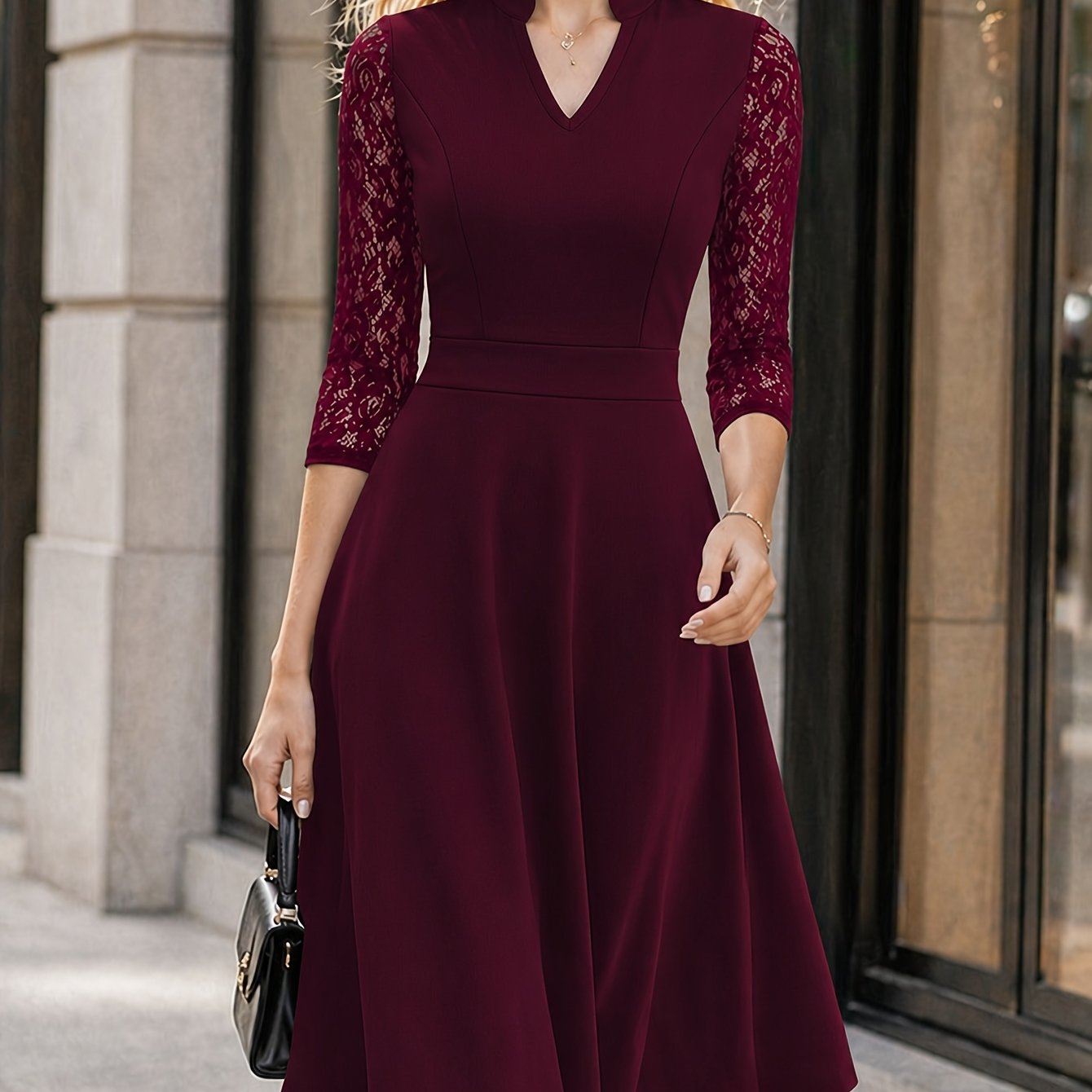 Women's Slim-fit Dress, Elegant Tailored Design, Suitable for Both Commuting and Parties, Long Sleeves with Lace Detailing, Waist-cinching Design, Mid-length for Autumn and Winter Workwear