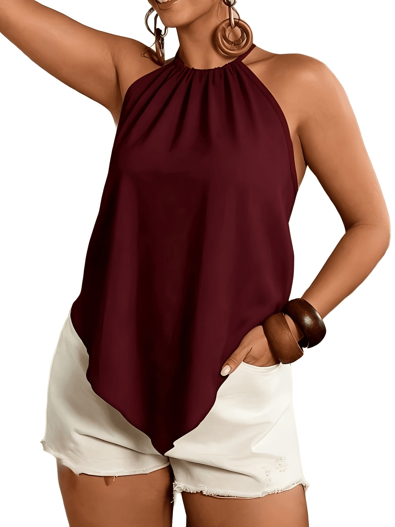 Women's Fashion Blouse, Asymmetrical Hem Tie-Neck Sleeveless, Suitable for Spring and Summer Wear