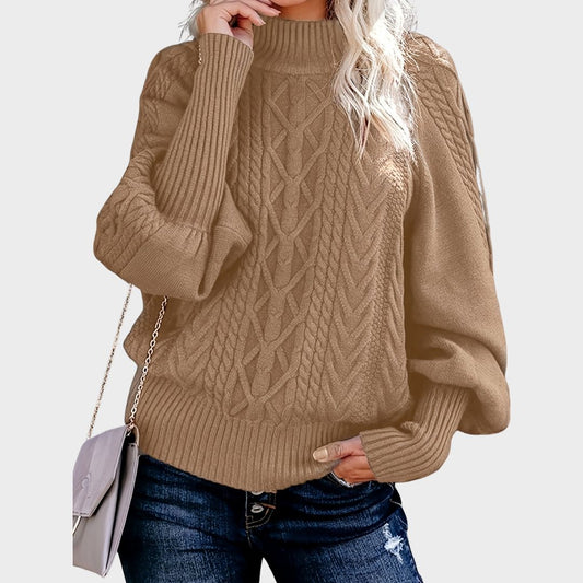 Comfortable Cable Knit Sweater for Women with Mock Neck Balloon Sleeve Relaxed Oversized Style