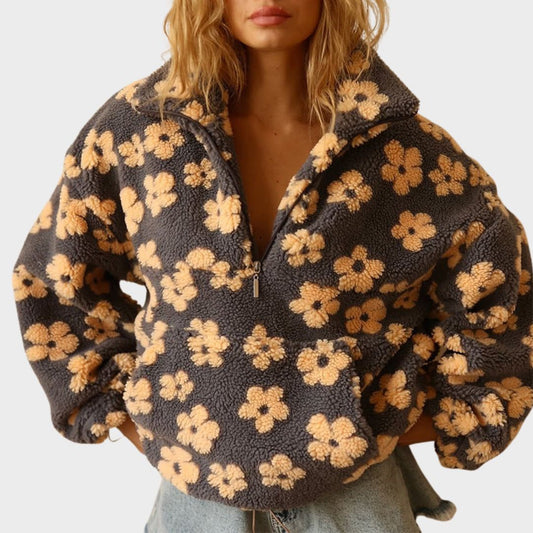 Comfortable Floral Sherpa Jacket for Women with Collar Long Sleeve Oversized Cropped Casual Style