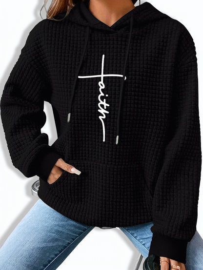 Graphic Print Solid Waffle Kangaroo Pocket Hoodie, Casual Long Sleeve Drawstring Hoodies Sweatshirt, Women'S Clothing
