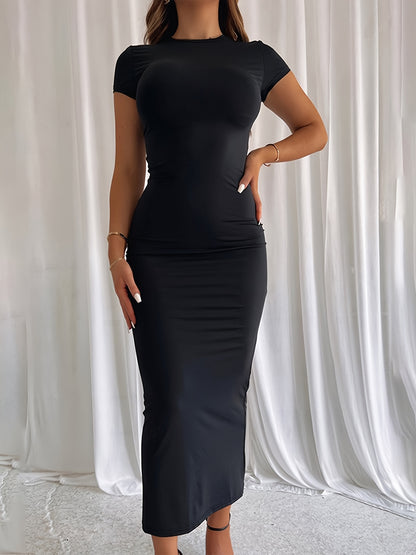 Women's Bodycon Pencil Dress - Sexy Round Neck Short Sleeve Long Sleeveless Alternative - Machine Washable Stretchy Fabric - Solid Color Elegant Office to Party Wear, Formal Occasion, Formfitting Silhouette, Smooth Texture, Professional Women