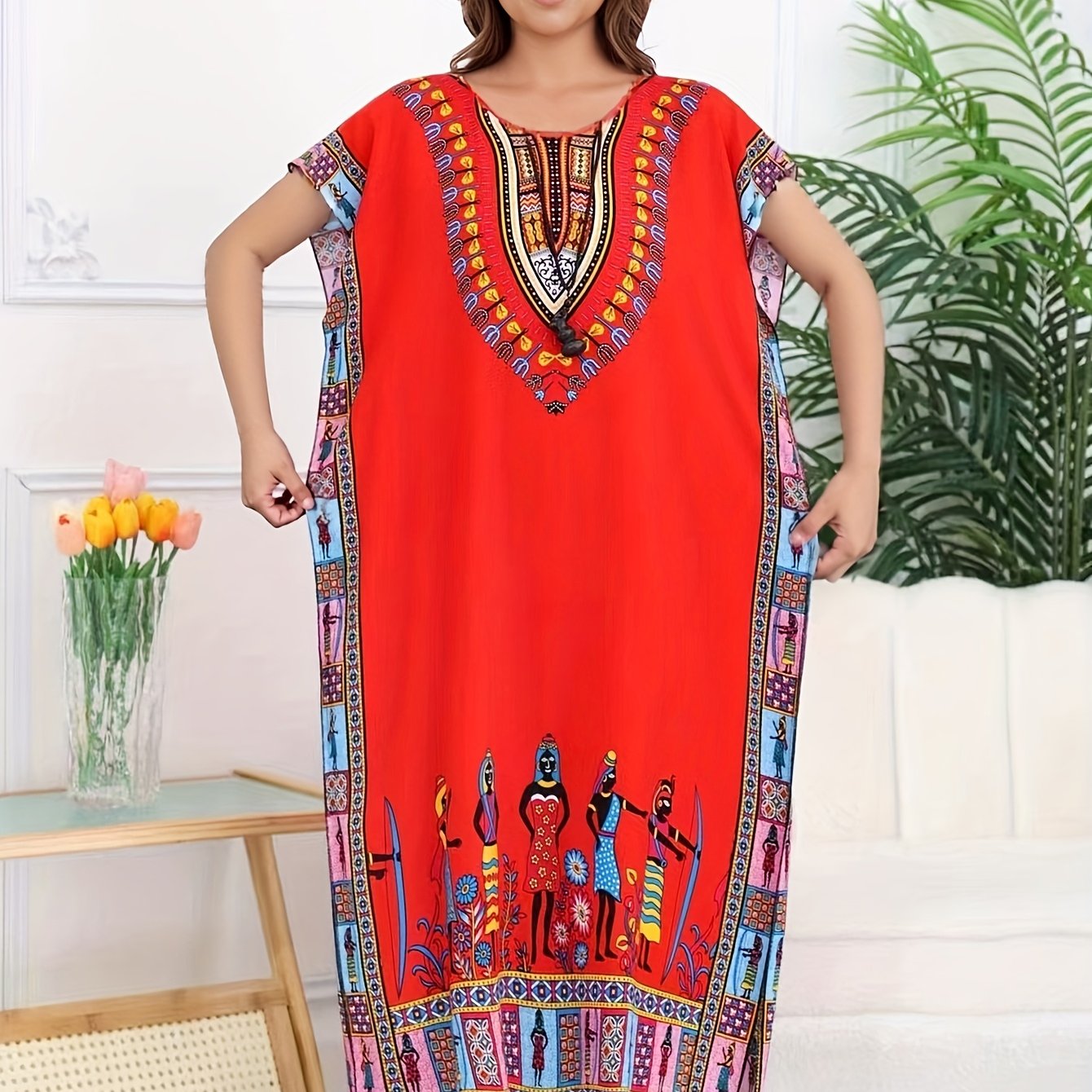 Ethnic Style Dress Summer New Bohemian Style Vacation Batwing Sleeve Dress Loose Beach Dress