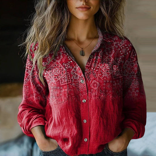 Effortless Paisley Print Blouse for Women with Collar Long Sleeve Button Front Relaxed Boho Style