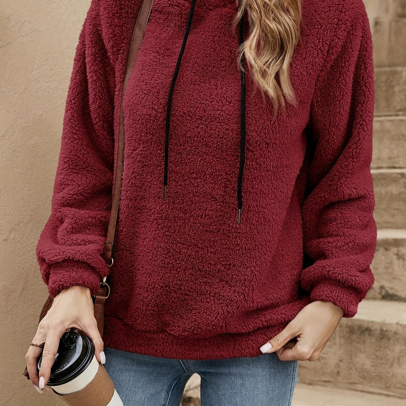 Solid Color Teddy Hoodie, Casual Long Sleeve Drawstring Hooded Sweatshirt, Women'S Clothing