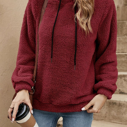 Solid Color Teddy Hoodie, Casual Long Sleeve Drawstring Hooded Sweatshirt, Women'S Clothing