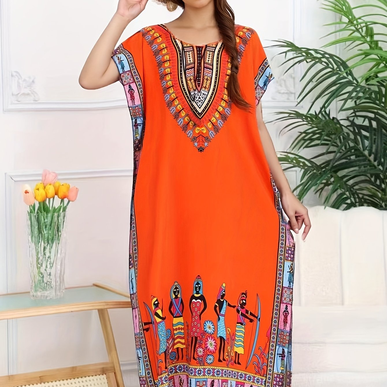Ethnic Style Dress Summer New Bohemian Style Vacation Batwing Sleeve Dress Loose Beach Dress