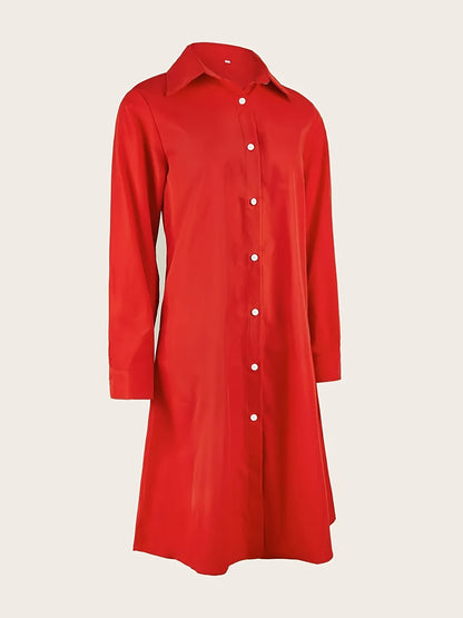 European and American Solid Color Loose Lapel Long Sleeve Shirt Dress