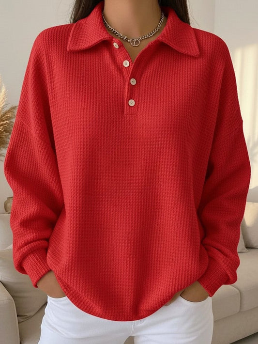 Comfortable Waffle Knit Polo Sweater for Women with Collar Long Sleeve Button Front Oversized Knit Style
