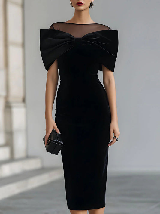 Elegant Black Velvet Midi Dress for Women with Illusion Neck Bow Detail Bodycon Cocktail Style