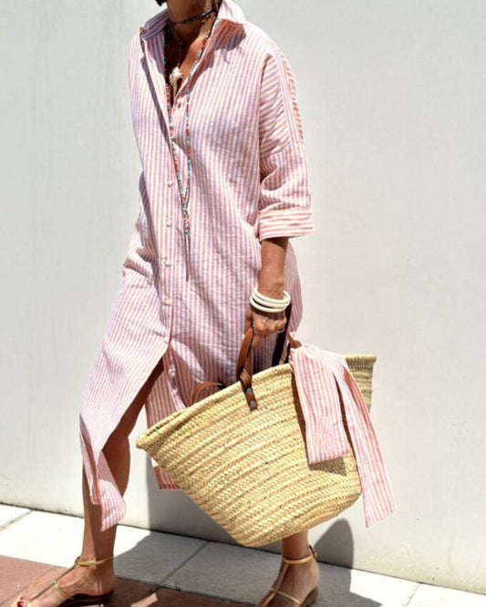 Effortless Striped Maxi Shirt Dress for Women with Collar Long Sleeve Button Front Relaxed Bohemian Style