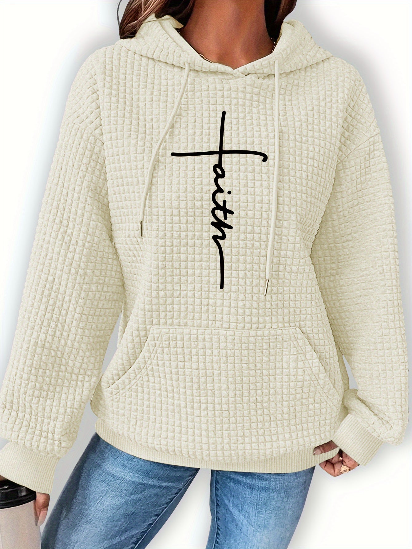 Graphic Print Solid Waffle Kangaroo Pocket Hoodie, Casual Long Sleeve Drawstring Hoodies Sweatshirt, Women'S Clothing