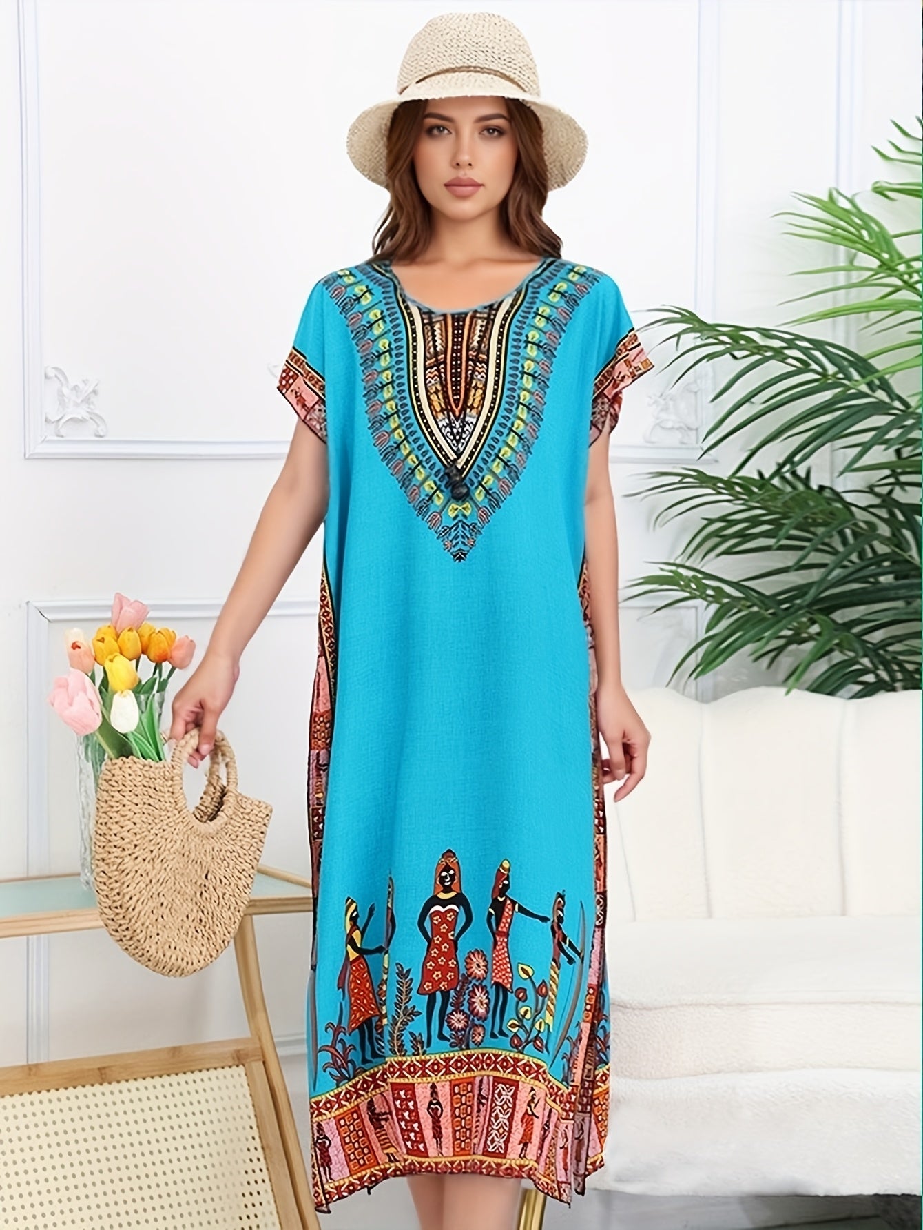 Ethnic Style Dress Summer New Bohemian Style Vacation Batwing Sleeve Dress Loose Beach Dress