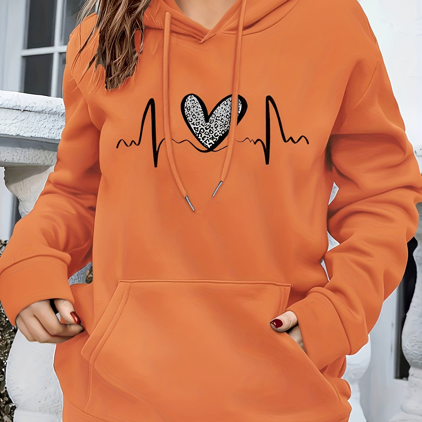 Fashion Hooded Sweatshirt For Women | Regular Fit, Heart Pattern, Drawstring Detail, Ideal For Fall/Winter