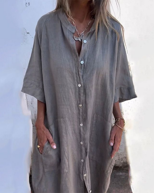 Effortless Linen Midi Shirt Dress for Women with Collar Short Sleeve Button Front Relaxed Style