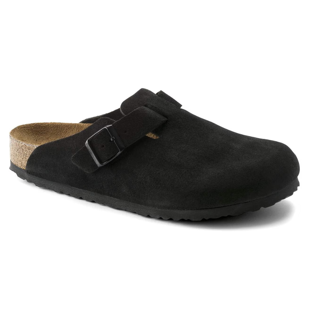 Comfortable Clogs for Women with Suede Upper Buckle Strap Contoured Cork Footbed Style