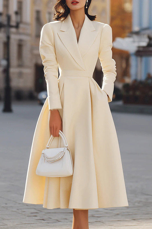 Elegant Tailored Blazer Dress for Women with Lapel Collar Long Sleeve Belted Fit and Flare Style