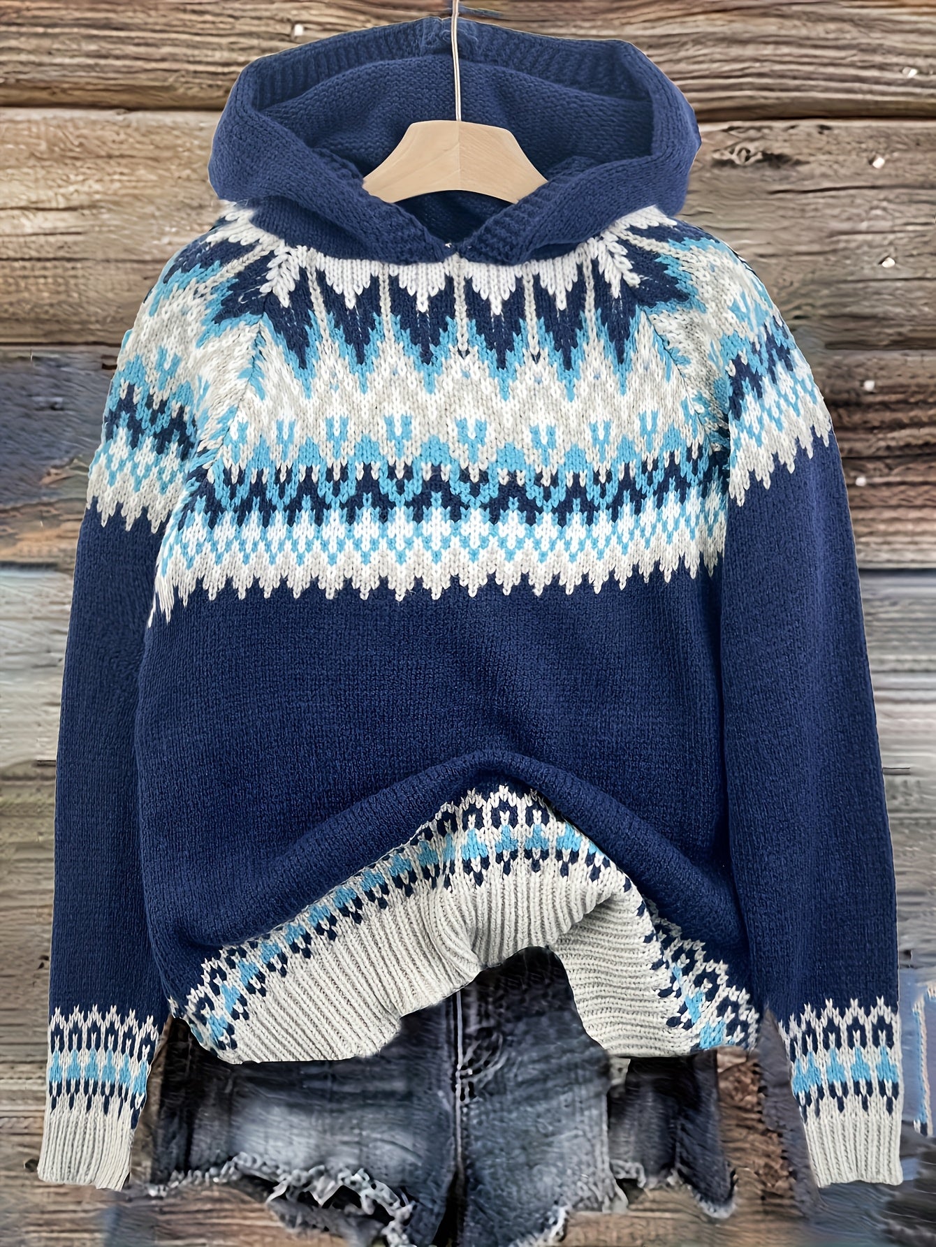 Women's Winter Hooded Jacquard Sweatshirt Style Glacier Snow Mountain Chunky Elegant Fashionable Comfortable Casual Vintage Commuter Soft Slim-Fit Top