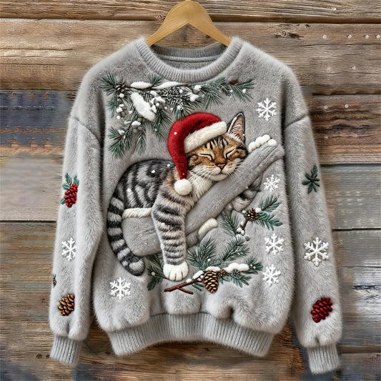Comfortable Cat Print Sweater for Women with Crew Neck Long Sleeve Embroidered Oversized Knit Style