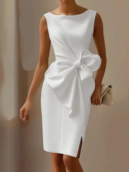 Elegant Satin Sheath Dress for Women with Boat Neck Sleeveless Bow Detail Bodycon Cocktail Style