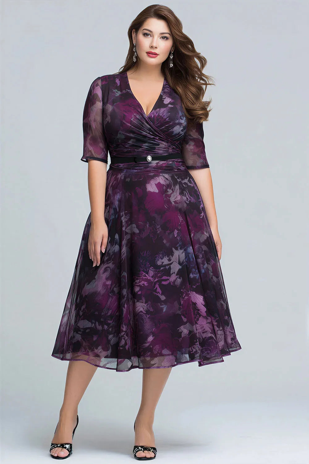 Flycurvy Plus Size Wedding Guest Grape Chiffon Floral Print Wrap Half Sleeve Midi Dress