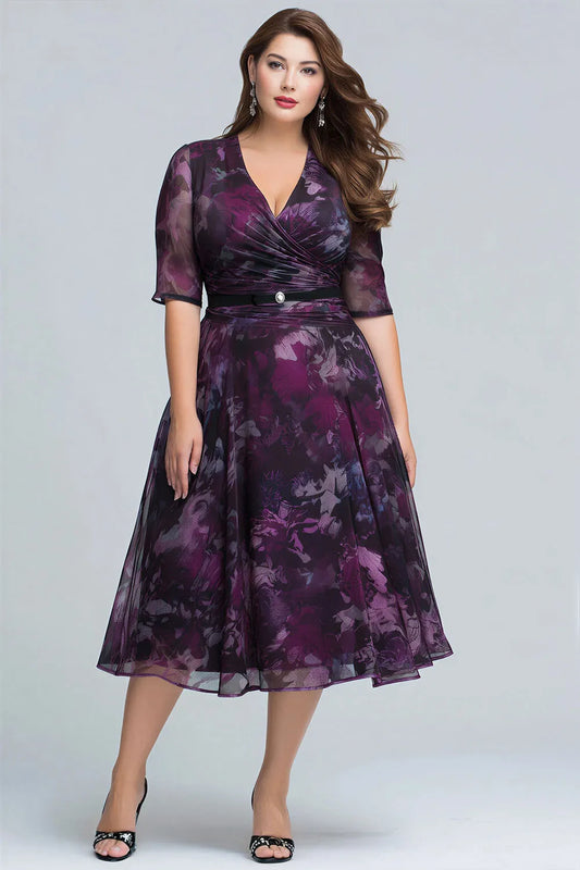 Elegant Grape Floral Midi Dress for Women with V Neck Elbow Sleeve Faux Wrap Belted Flowing Style