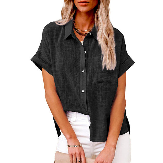 Effortless Linen Blouse for Women with Collar Short Sleeve High Low Casual Style