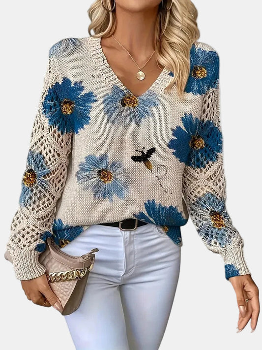 Comfortable Floral Sweater for Women with V Neck Long Sleeve Crochet Panel Oversized Knit Style