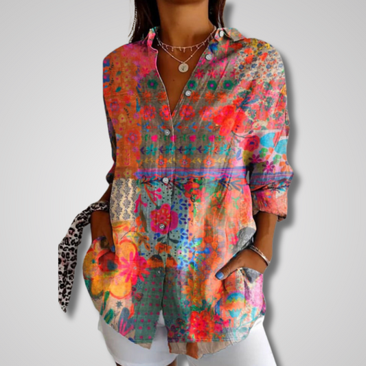 Effortless Patchwork Print Blouse for Women with Collar Long Sleeve Button Front Relaxed Style