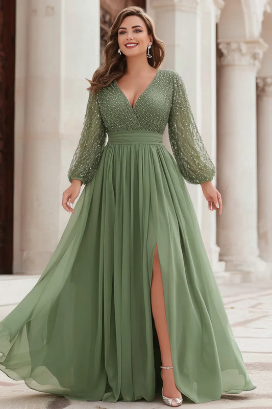 Elegant Sage Green Sequin Maxi Dress for Women with V Neck Long Sleeve High Slit Formal Wedding Guest Style