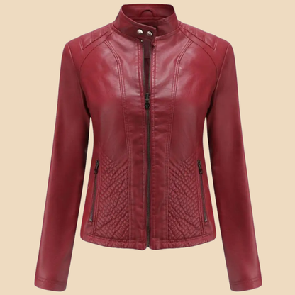 Women’s Zip-Front Faux Leather Jacket with Stand Collar and Quilted Panel Detailing