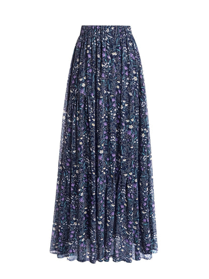 [Floral Chiffon Midi Skirt] Elegant High-Waisted Floral Chiffon Midi Skirt - Loose And A-Line Chiffon Skirt