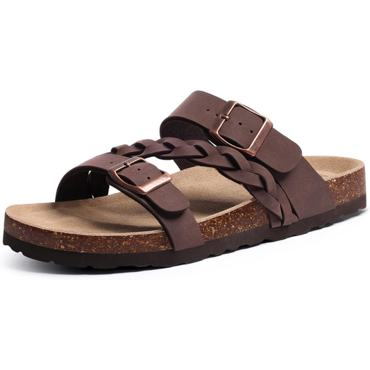 Effortless Braided Slide Sandal for Women with Double Buckle Cork Footbed Casual Style