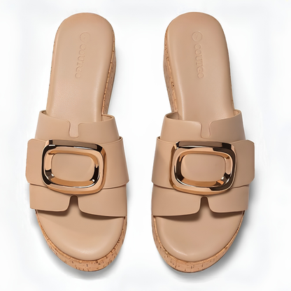 Comfortable Slide Sandals for Women with Wide Buckle Strap Cork Platform Open Toe Style