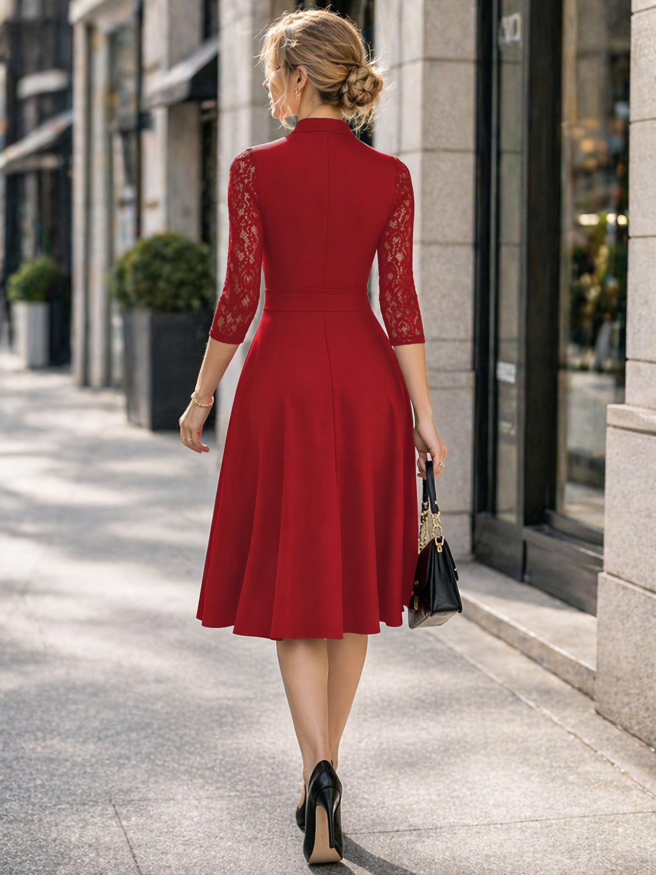 Women's Slim-fit Dress, Elegant Tailored Design, Suitable for Both Commuting and Parties, Long Sleeves with Lace Detailing, Waist-cinching Design, Mid-length for Autumn and Winter Workwear