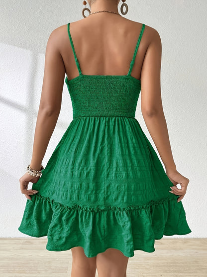 Women's Vibrant Green Ruched Mini Dress/Adjustable Spaghetti Straps, Backless Design & Tiered Ruffle Hem/Lightweight Summer Casual Dress for Beach or Vacation, Beach Dresses, Vacation Attire, Ruched Texture, Fabric