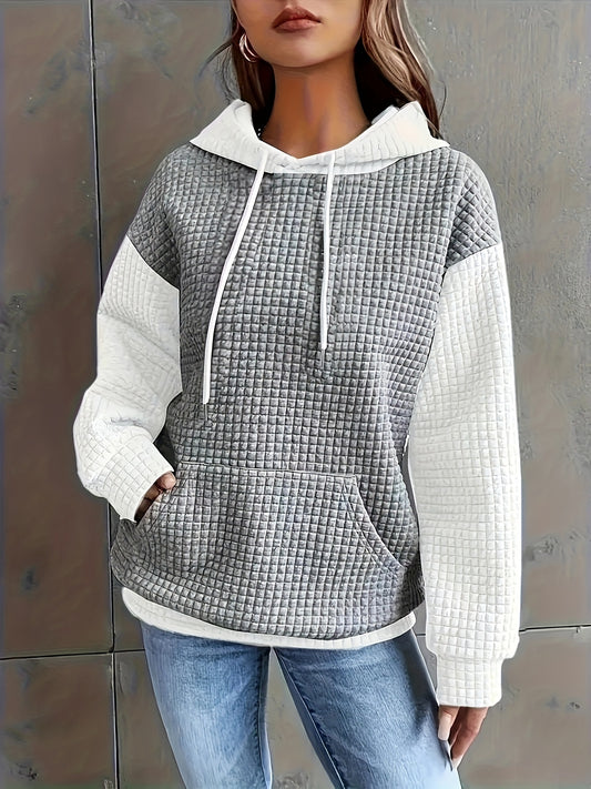 Comfortable Textured Colorblock Hoodie for Women with Drawstring Hood Long Sleeve Relaxed Oversized Knit Style