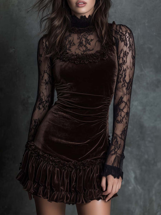 Elegant Chocolate Velvet Mini Dress for Women with High Neck Sheer Lace Long Sleeve Ruffle Hem Bodycon Cocktail Style