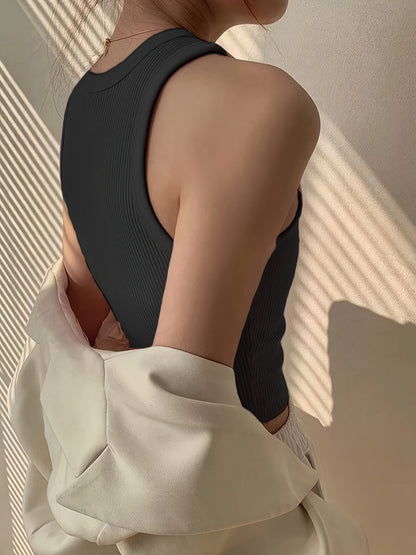 Women's Elegant Casual Ribbed Tank Top - Sleeveless Boat Neck Summer Top with Moderate Stretch, Solid Color Versatile Wear for Casual or Formal Outfits, Ladies Tank Tops, Warm Weather Outfit, Ribbed Texture, Stretchy Fabric, Stylish Ladies